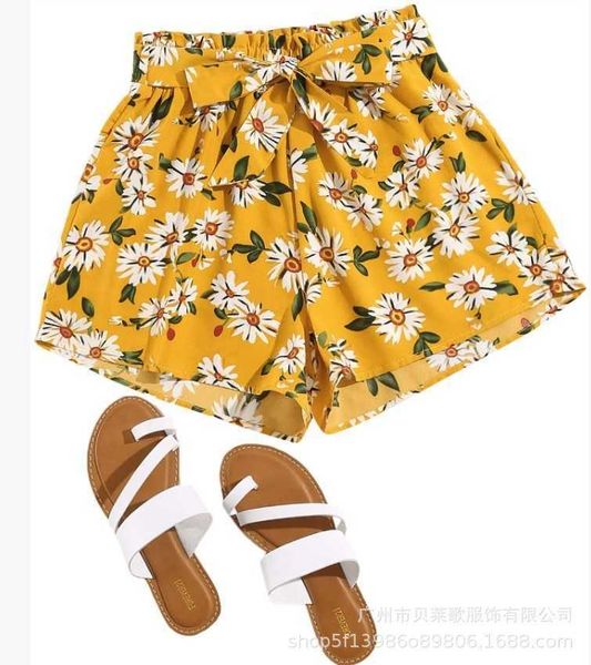 

shorts 2021 straight women's printed belt bohemian casual pants, White;black