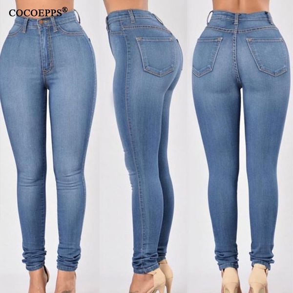 

fashion plus size pencil pants casual big high waist jeans stretch women's clothing demin feminino trousers, Blue