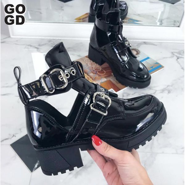 

boots [gogd]women ankle women's fashion rivet shoes woman buckle strap ladies chunky heels female punk rome footwear, Black