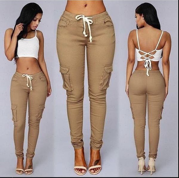 

spring lace up waist casual women capri solid pencil multi pockets plus size straight slim fit trousers, Black;white