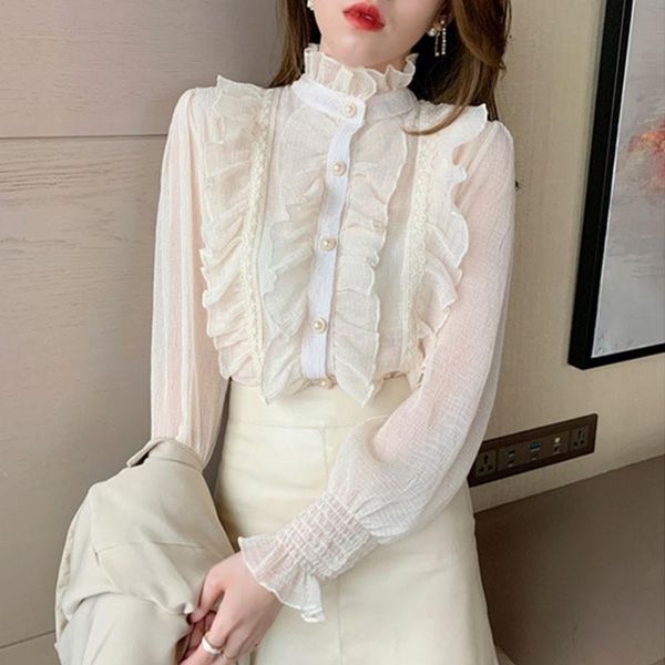 

women's blouses & shirts fashion victorian women ol office ladies white shirt high neck frilly ruffle cuffs female blouse party gothic