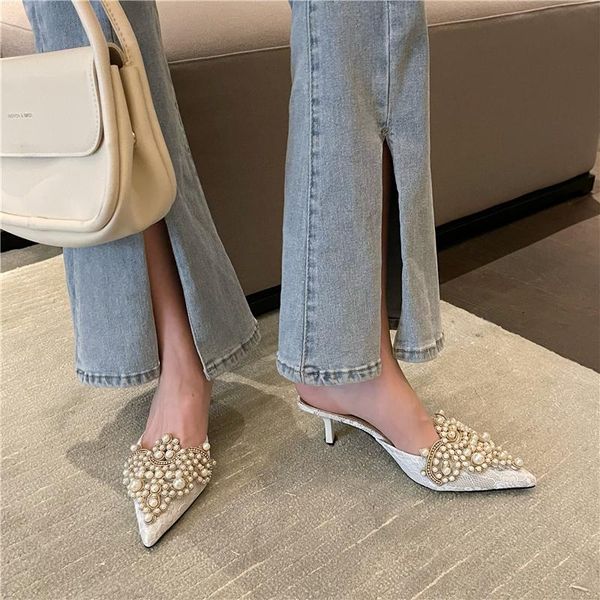 

slippers fashion women slides pearl chain lace design shallow slip on outdoor shoes woman thin high heels 35-39, Black