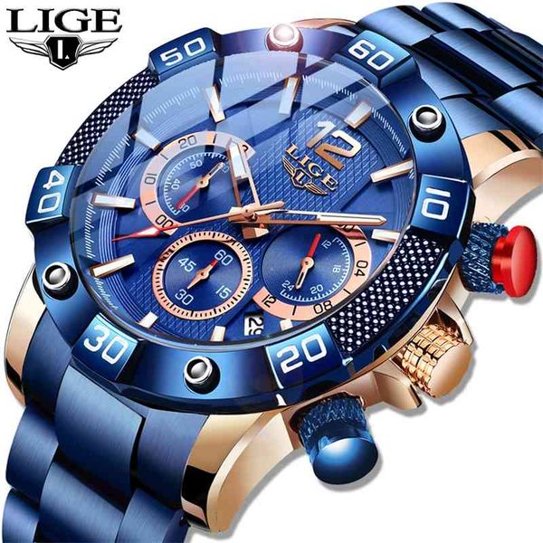 

lige fashion blue mens watches brand luxury clock sports chronograph waterproof quartz watch men relogio masculino 210728, Slivery;brown