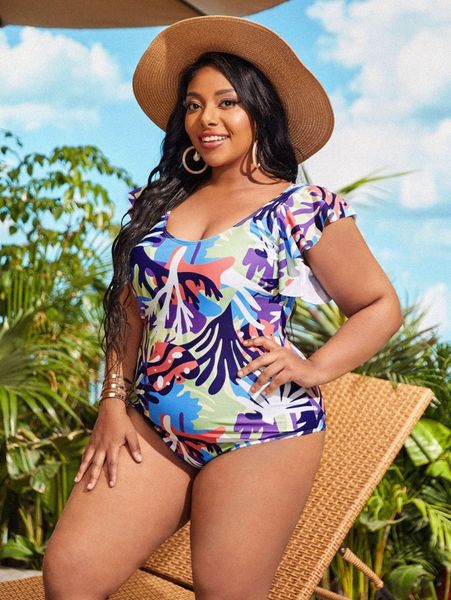 

plus allover print ruffle one piece swimsuit y9rl#, Black