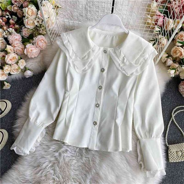

spring autumn blouse lace peter pan collar shirt lantern sleeve niche single breasted sweet female blusa uk098 210507, White