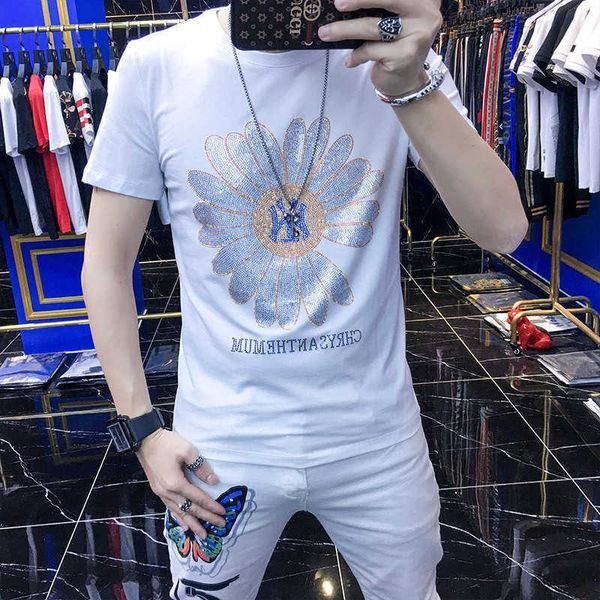 

w0673 drilling wrinkled chrysanthemum short sleeve t-shirt fashion brand ins trend 2021 summer new style half sleeve, White;black