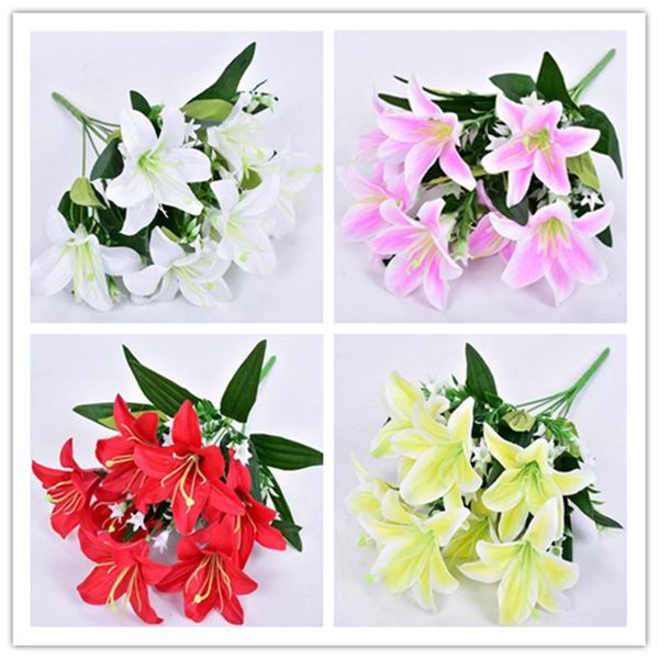 

one silk lily bouquet flower artificial 7 heads bunch for wedding centerpieces home office table floral decoration decorative flowers & wrea