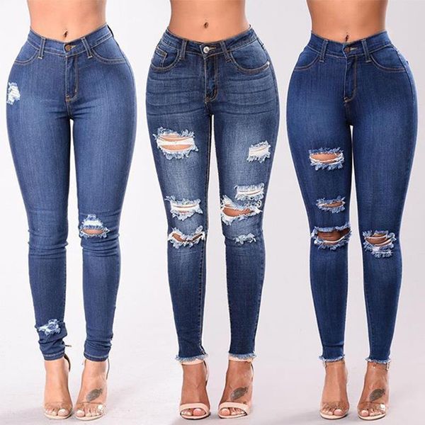 

spring fashion high waist women jeans mom light ripped black denim skinny woman plus size pencil pants, Blue