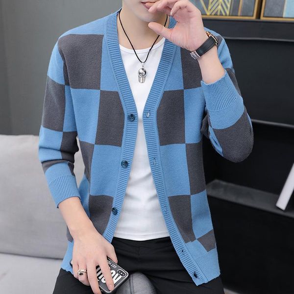 

men's sweaters autumn plaid sweater men knitted cardigan sweatercoat long sleeve slim fit jacket business casual clothes, White;black