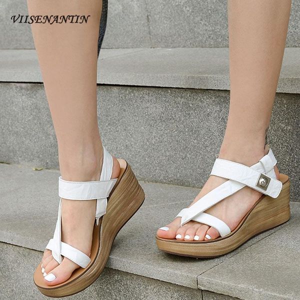 

sandals summer cowhide soft sole comfortable wedge female white flip flops all-match casual non-slip, Black