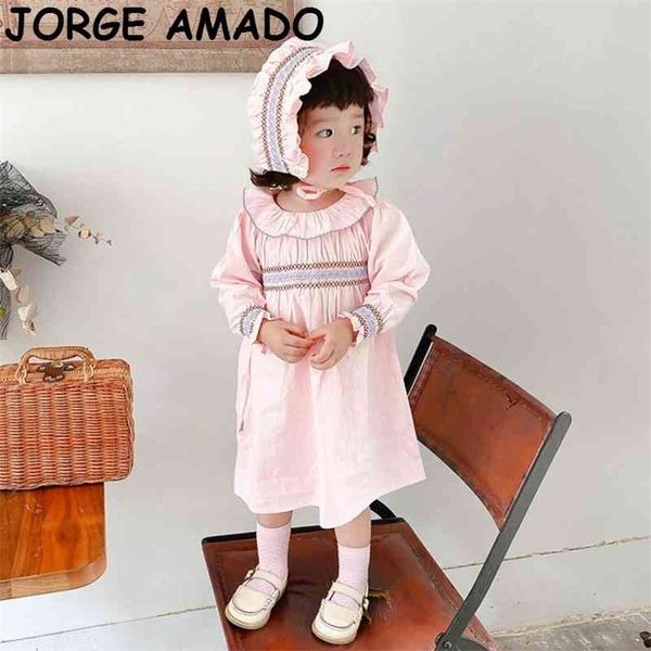 Детское платье для девочки розовый с длинным рукавом принцесса Smocking + шляпа 1-й день рождения для одежды RF001 210610