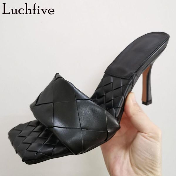 

slippers leather weave open toe woman gladiator high heels party shoes slip on summer slides black