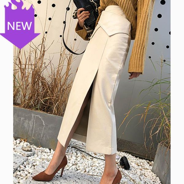 

elegant office lady split mid slim fit cross 2021 autumn fashion pu leather skirt women pick hip high waist skirts, Black