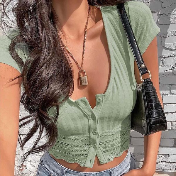

solid color round neck women t shirts tight leisure hollow lace hem cardigan womens streetwear summer, White