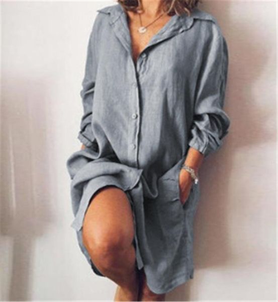 

casual dresses women's long shirt dress 2021 retro cotton loose long-sleeved button cardigan solid color fashion 3xl, Black;gray