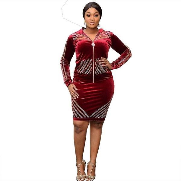 

ethnic clothing 2 piece women set autumn winter dashiki african long sleeve two sets crop midi skirt casual outfit africa, Red