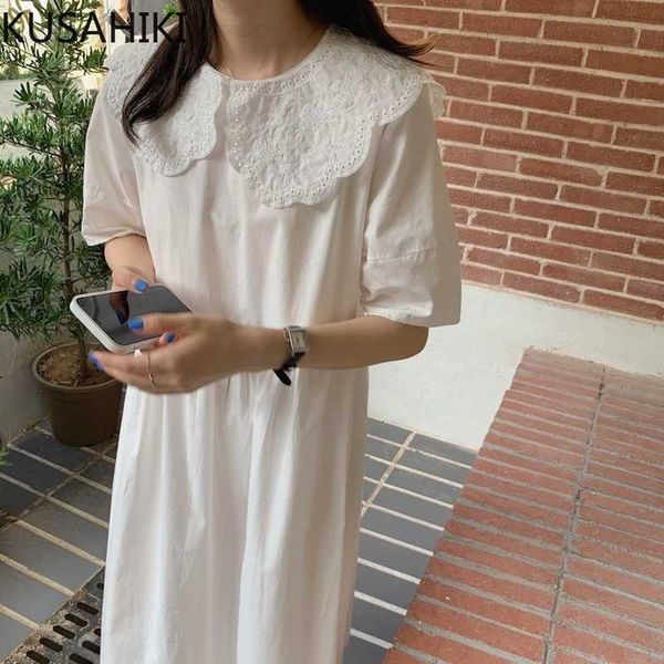 

kusahiki korean hollow-out embroidery peter pan collar dresses high waist short sleeve woman dress summer vestidos 6h486 210602, Black;gray