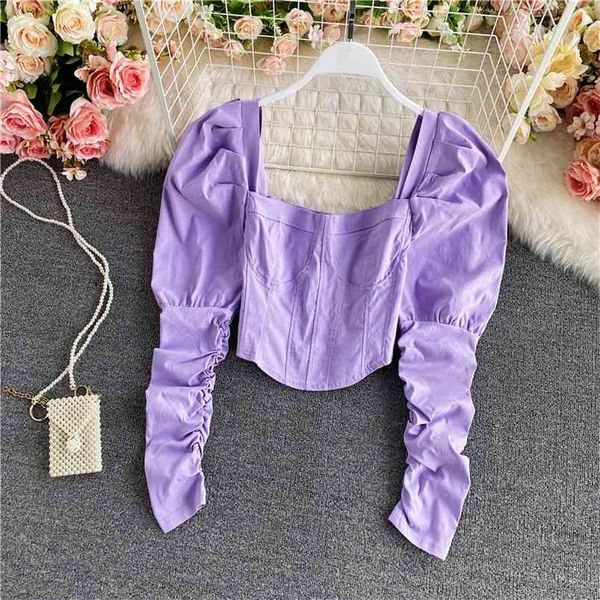 

spring autumn temperament fashion retro puff sleeve feminine clavicle square collar slim short shirt uk940 210506, White
