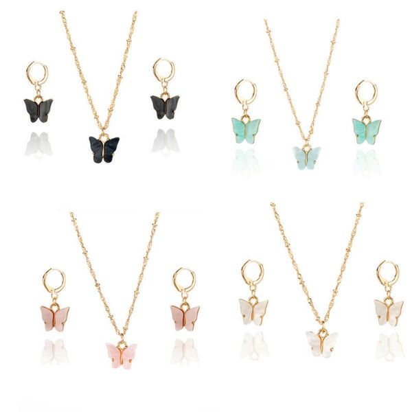 

chokers fashion jewelry set butterfly necklace and earring for women trend acrylic blue yellow pink color pendant earrings, Golden;silver