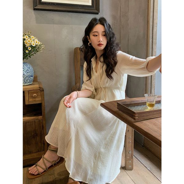 

dress white fairy thin summer 2021 knock long skirt solid color simple small artistic style~, White;black