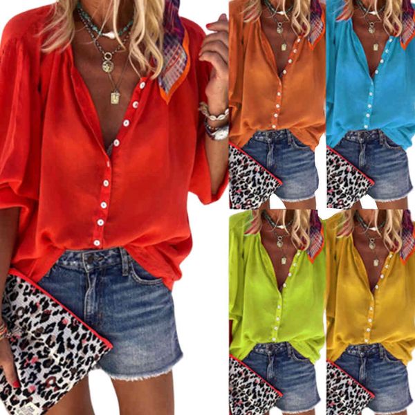 

polo thin fabric streetwear women's clothes button up the shirt of solid color t lantern long sleeve loose cleavage on v plain tshirt x, White