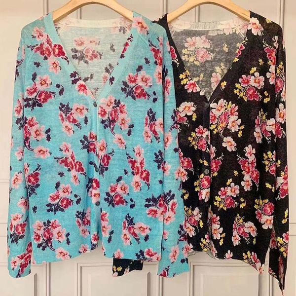 

women's knits & tees 100% linen 2021 early spring v-neck floral print knitted pullover long-sleeved single-breasted cardigan sweater, White