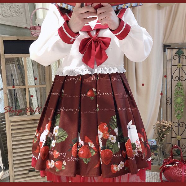 

harajuku lolita kawaii black mini pleated skirt women cute strawberry rabbit lace cosplay princess girls red short tutu skirts