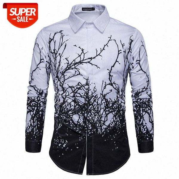 

spring men's personality branch print long sleeve large size shirt stand collar fashion nightclub #fi0g, White;black
