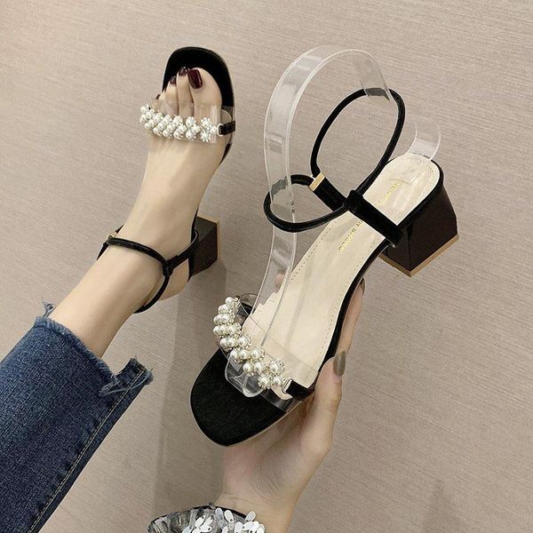 

sandals women's 2021 summer korean square head rhinestone shoes fairy style thick heel buckle women, Black