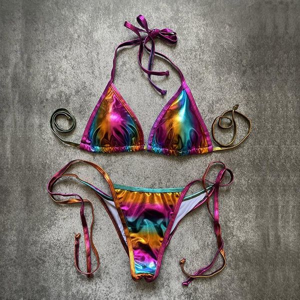 

women's swimwear summer bikini 2021 bright color bronzing micro triangle set lace-up swimsuit beach, White;black