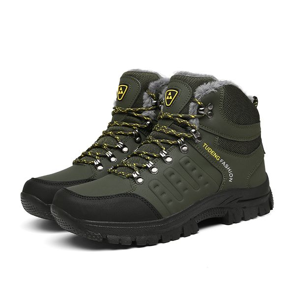 

snow boots winter fur warm leather hiking boots men work shoes casual sneakers male ankle plush hunting boots green botas, Black