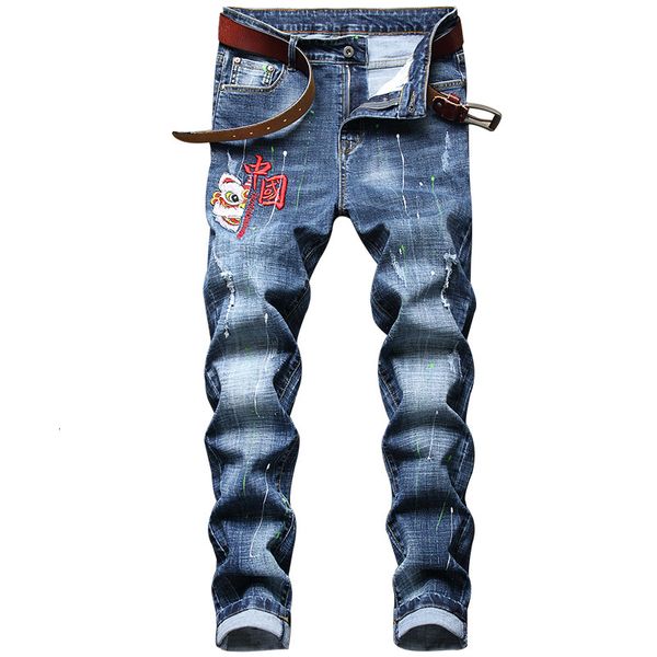 

jeans style personalized men's fashion elastic embroidered leggings, Blue