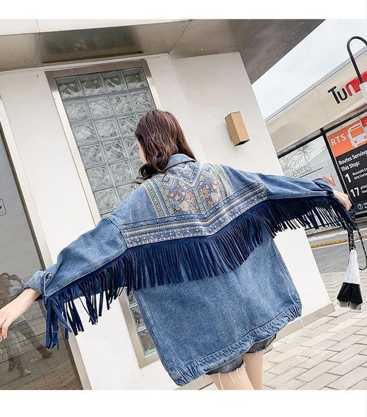 

women's jackets 2021 denim female jacket autumn vintage ethnic embroidery tassels loose coat long sleeve outerwear jeans for women, Black;brown