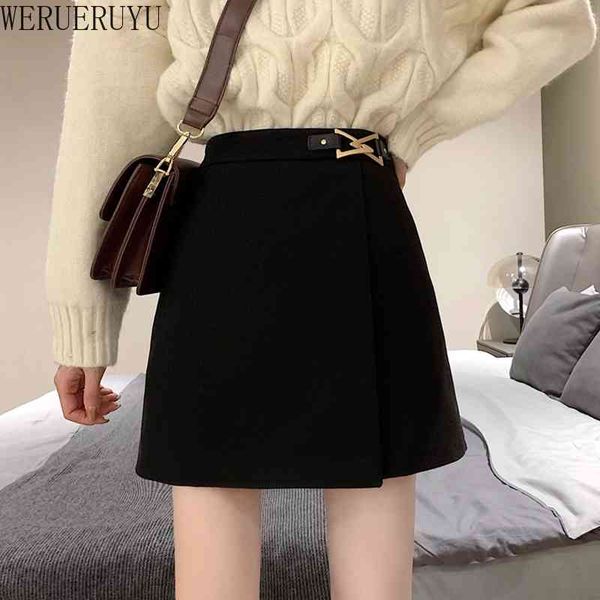 

werueruyu korean woolen irregular skirt women autumn and winter women plus size skirts ladies mini skirt 210608, Black