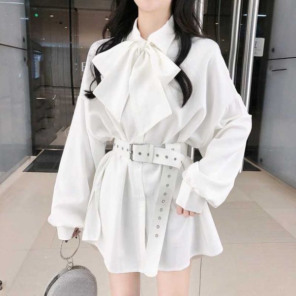 

woman dresses spring elegant fashion big bowknot long sleeve loose casual shirt dress with belt vestidos 210526, Black;gray