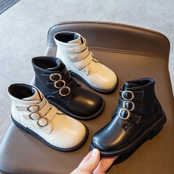 

boots kids ankle hook-loop pu leather round toe boys girls short boot stylish black white 26-35 autumn casual children shoes, Black;grey