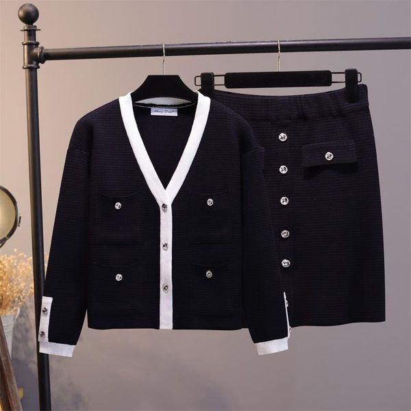 

two piece dress fall fashion retro temperament small fragrant wind tweed cardigan slim waist skirt knitted suits, White