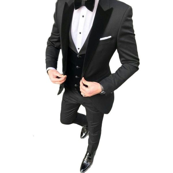

men's suits & blazers slim fit mens for wedding prom with black velvet lapel groom tuxedos 3 pieces formal man set jacket pants vest ar, White;black