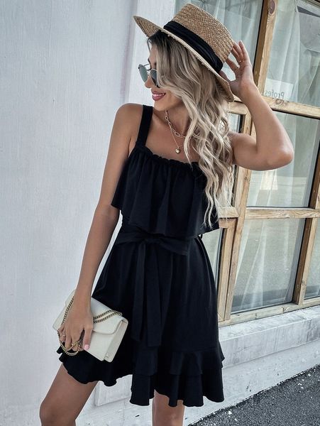 

solid ruffle trim layered hem belted cami dress she, Black;gray