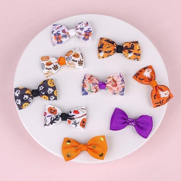 

baby hair clip accessories bow happy halloween child barrette 3pcs/set pumpkin skull ghost cat print girl ins ribbon grosgrain, Slivery;white
