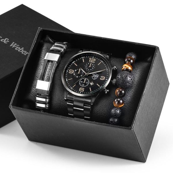 Orologi da polso da uomo di lusso orologi da lavoro in acciaio inossidabile orologi al quarzo braccialetto 3 pezzi set regalo per 30 m impermeabile