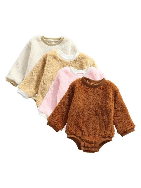 

rompers infant baby autumn plush splicing o-neck long-sleeves jumpsuit with crotch buttons for toddlers girls, boys, 0-24 months, Blue