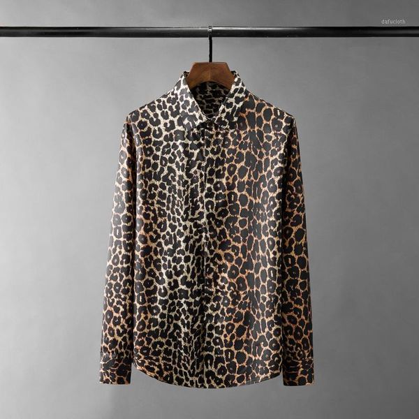 

leopard printed mens shirts long sleeve allover casual dress slim fit party male shirt 3xl men's, White;black