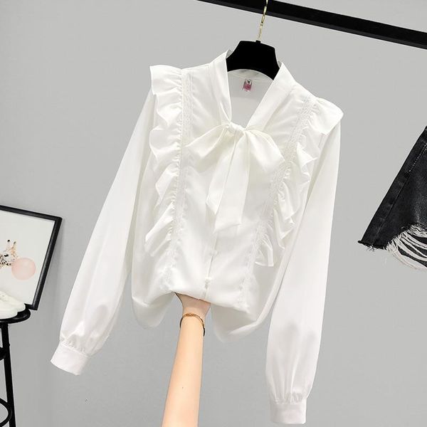 

fashion chiffon women's autumn clothing 2021 long sleeved solid color lace-up ruffles patchwork elegant ladies shirt blouses & shirts, White