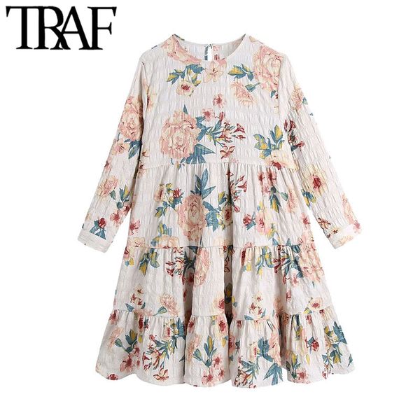 

traf women chic fashion floral print ruffled mini dress vintage o neck three quarter sleeve female dresses vestidos 210415, Black;gray