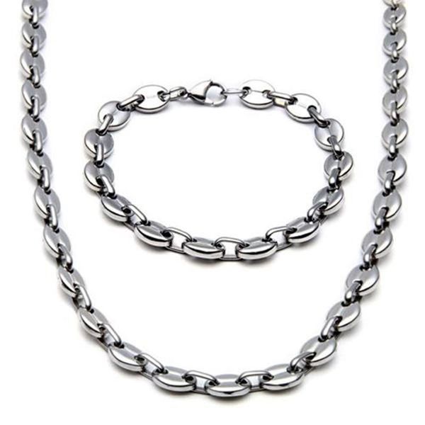

earrings & necklace 2021 wide brand gold tone stainless steel jewelry coffee bean link chain bracelet set, Silver