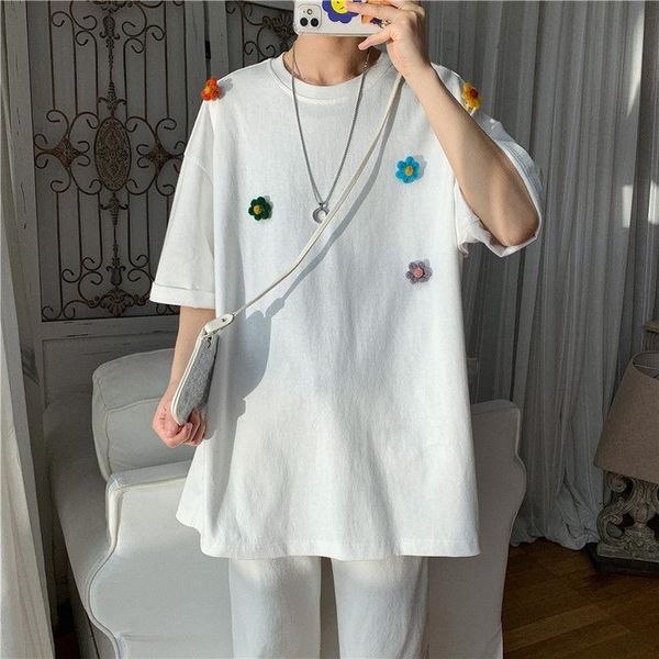 

men's t-shirts 100% cotton summer 3d flowers men tshirt korean loose o neck short sleeve couple clothes 4xl oversize woman kawaii haraj, White;black