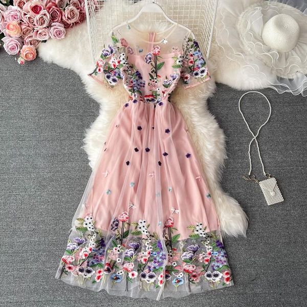 

party dresses 2021 fashion embroidered lace mesh dress women romantic floral embroidery pink short sleeve elegant summer long, White;black