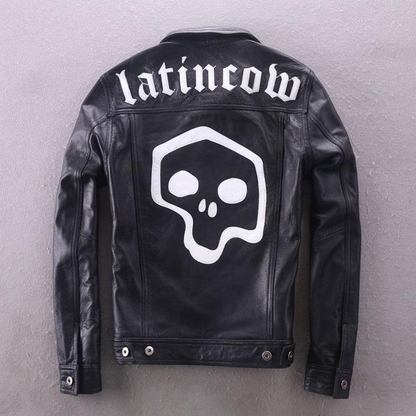 

men's leather & faux jacket skulls biker pattern slim fit short genuine men fashion motorcycle for black coat male
