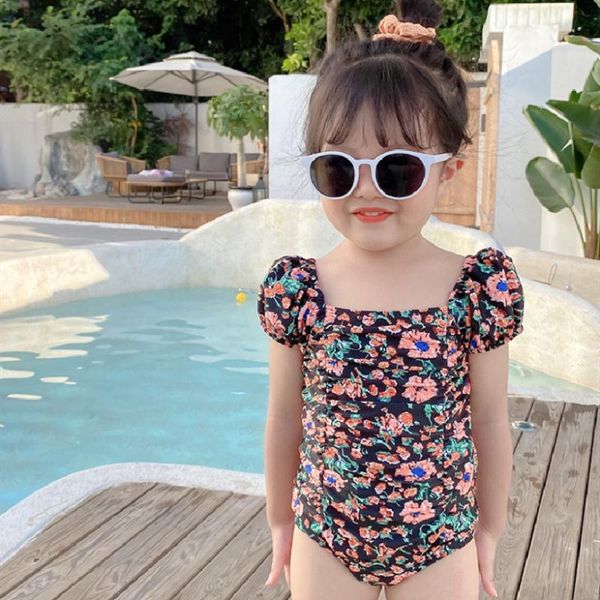 

teenager girls swimwear floral baby swimsuit short sleeve kids bikini sunsuit summer beach infant bathing suit clothes one-pieces, Black